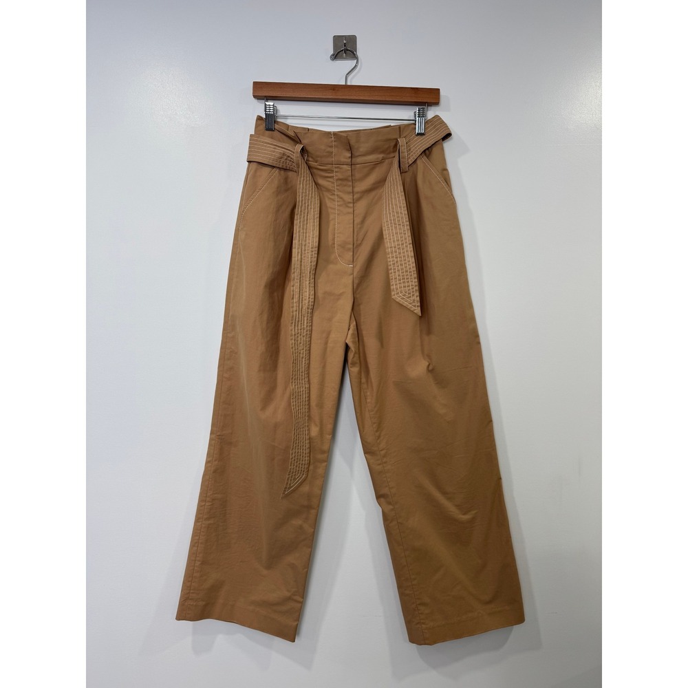 Veronica Beard Women Tan Wide Leg Belted Contrast Stitch Trousers Pant Size 6